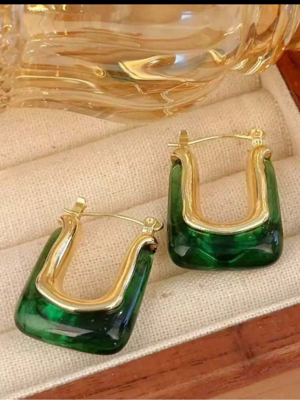 14K Gold Plated Emerald Green Resin Hoop Earrings | NWT